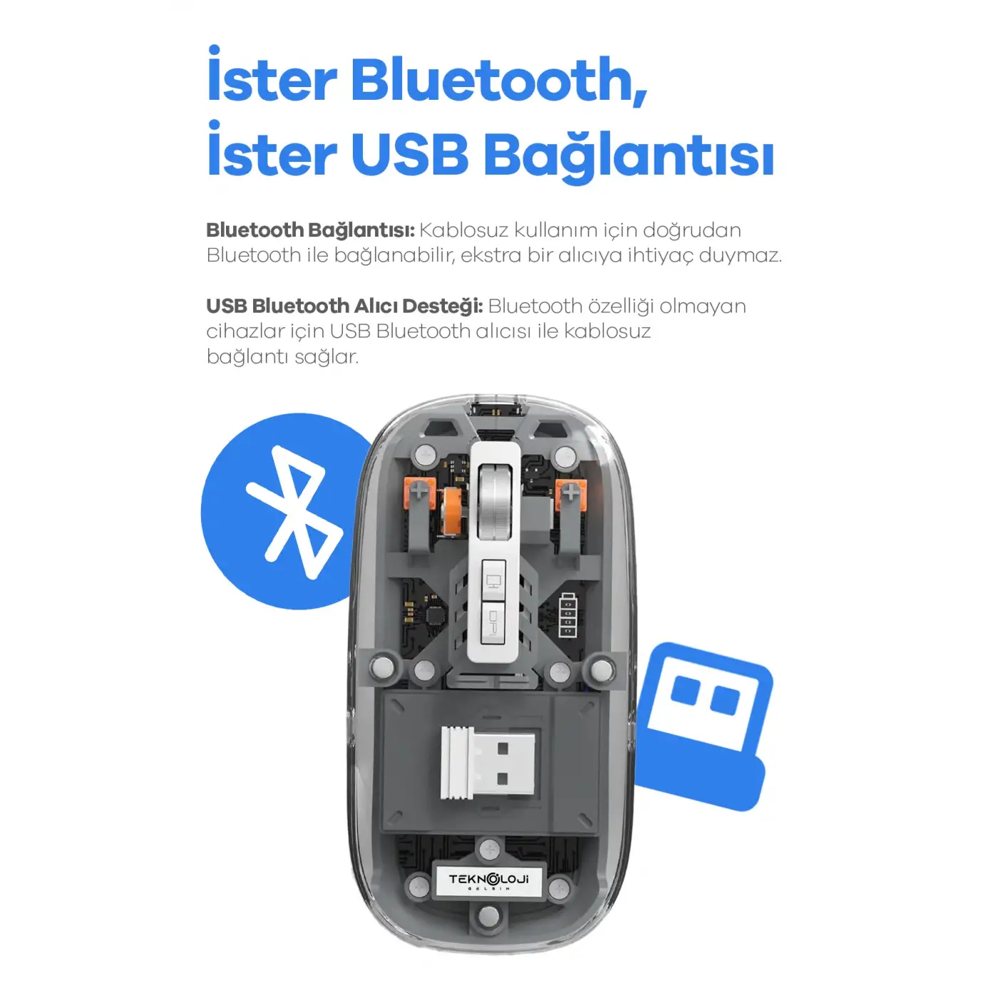 Bluetooth USB Çift Modlu Sessiz Mouse, Şeffaf Mıknatıslı Kapaklı, Type-C Şarjlı, DPI Ayarlı, Kablosuz 10m Çekim Mesafeli, Masaüstü Kısayol Tuşlu, Taşınabilir Şarjlı Mouse Turuncu