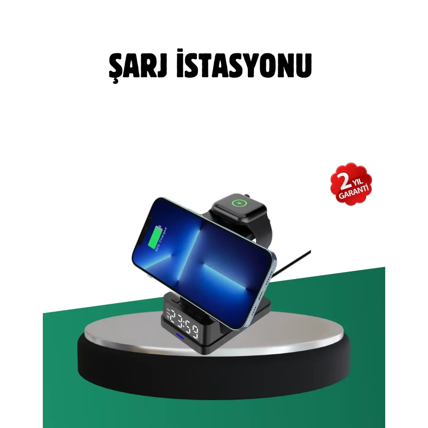 Kablosuz Şarjlı Dijital Masa Saati – 3 Parlaklık Seviyeli LED, Hızlı Şarj, Apple Uyumlu