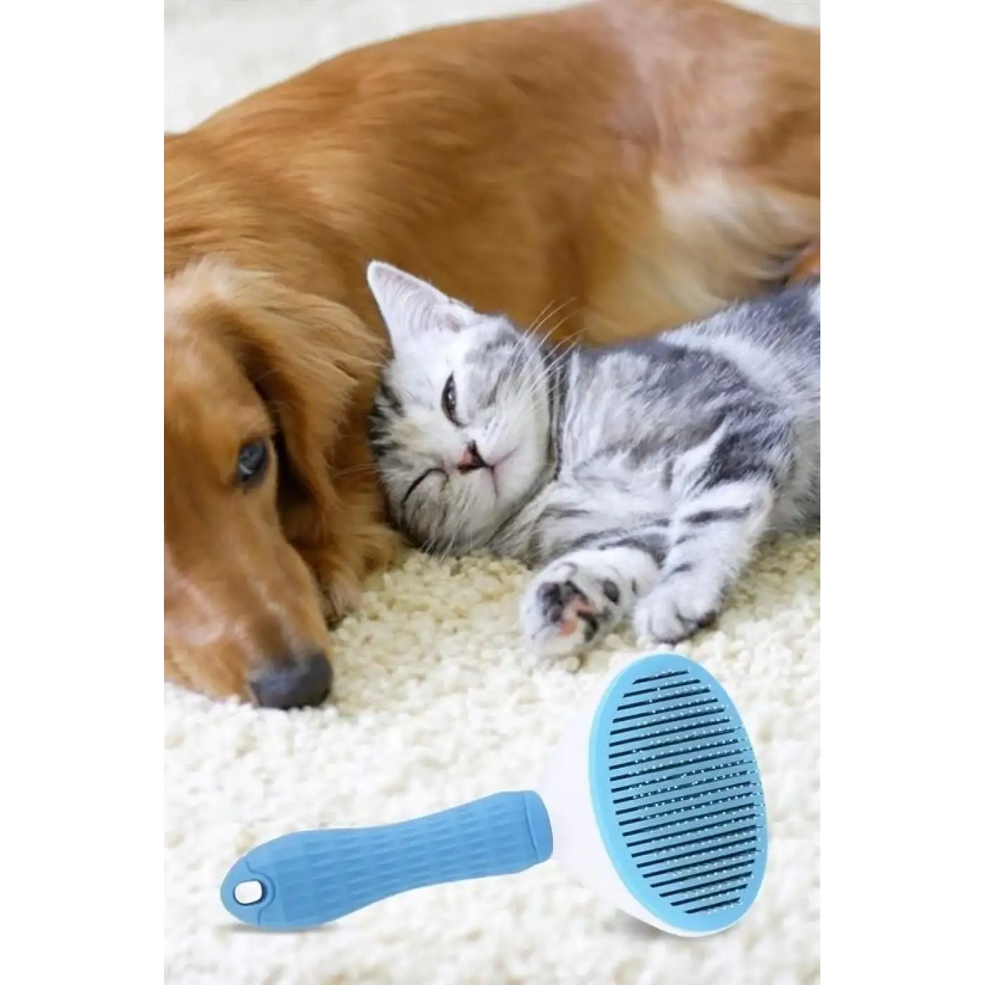 Kedi Köpek Tüy Toplayıcı Kendini Temizleyebilen Ergonomik Saplı Evcil Hayvan Tarağı Mavi