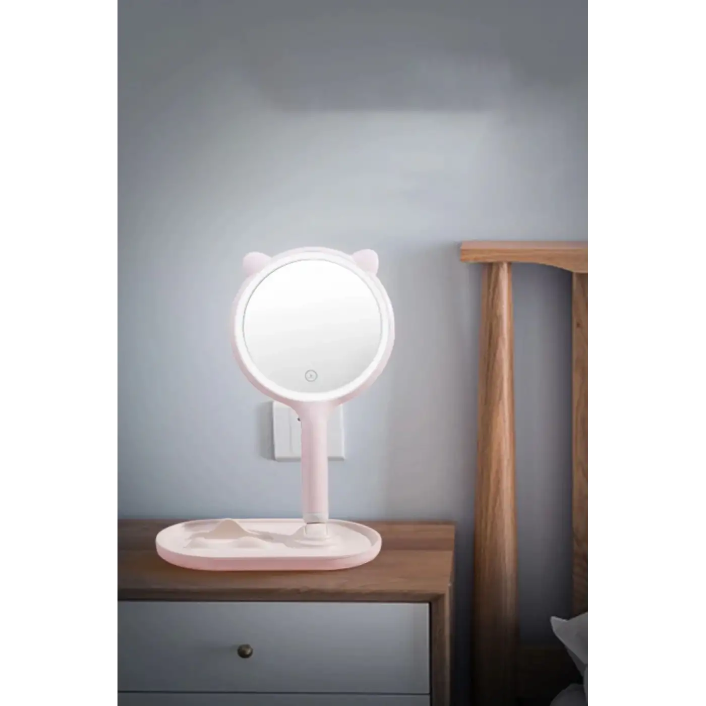 Kedi Kulaklı Telefon Standlı Yuvarlak Dokunmatik Led Ayarlı Masa Üstü Makyaj Aynası