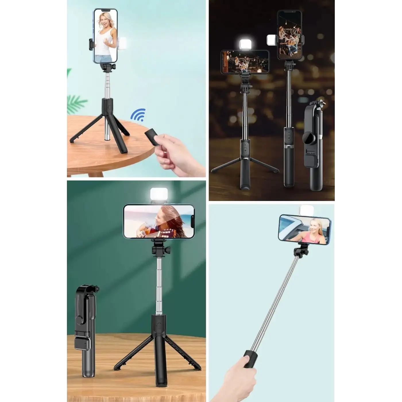 Kendiliğinden Işıklı Masaüstü Tripod Olabilen Telefon Tutuculu Kablosuz Kumandalı Selfie Çubuğu
