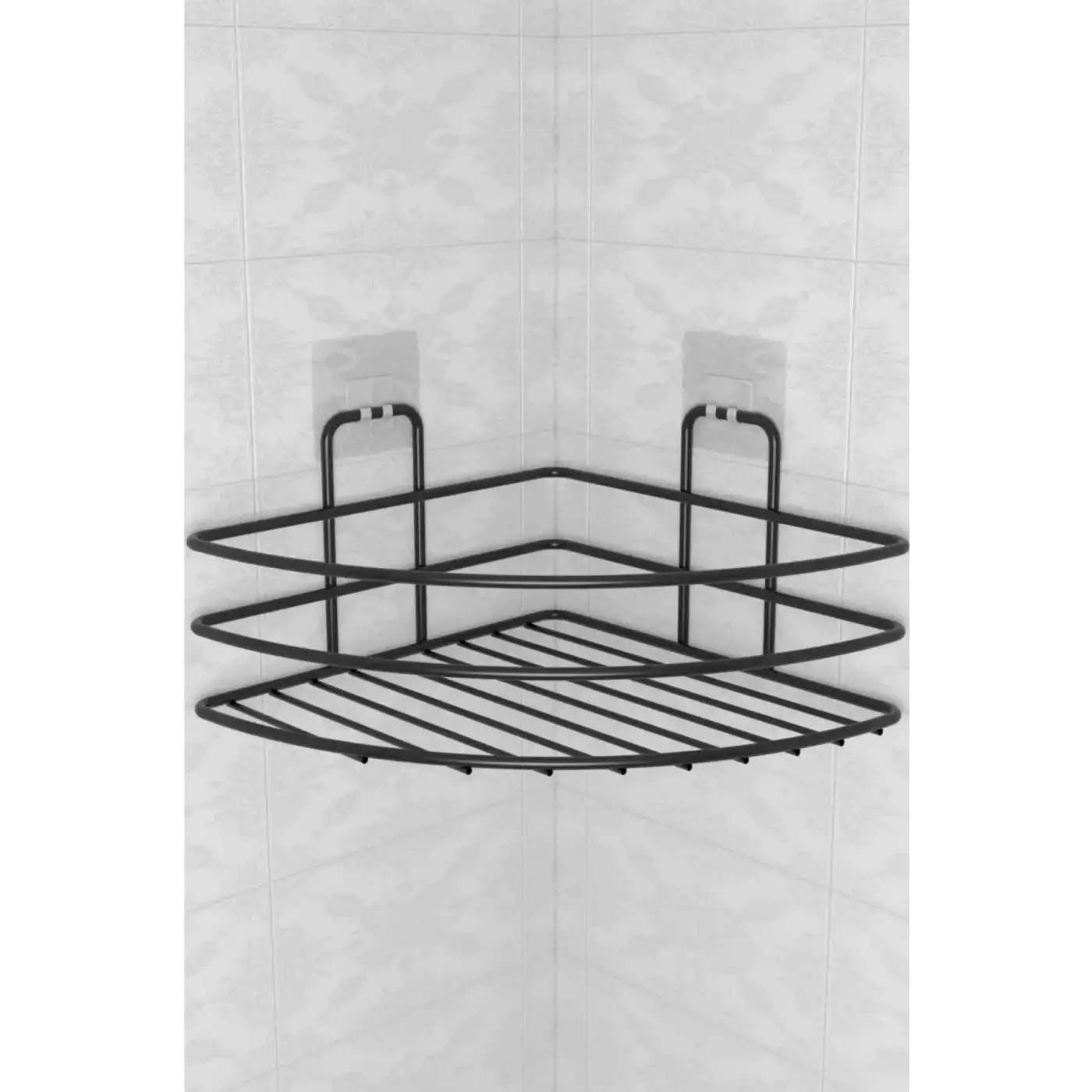 Kendiliğinden Yapışkanlı Montaj Gerektirmeyen Tek Katlı Banyo Askı Köşe Şampuanlık Siyah