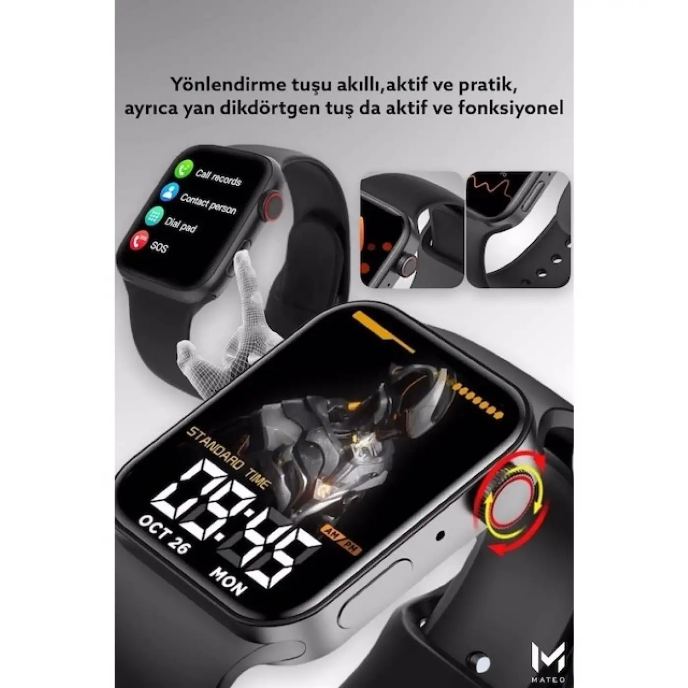 Konuşma Özellikli Smart Watch 7 Akıllı Saat Su Geçirmez Yan Tuşlu Köşeli Yeni Alüminyum Kasa (siyah)