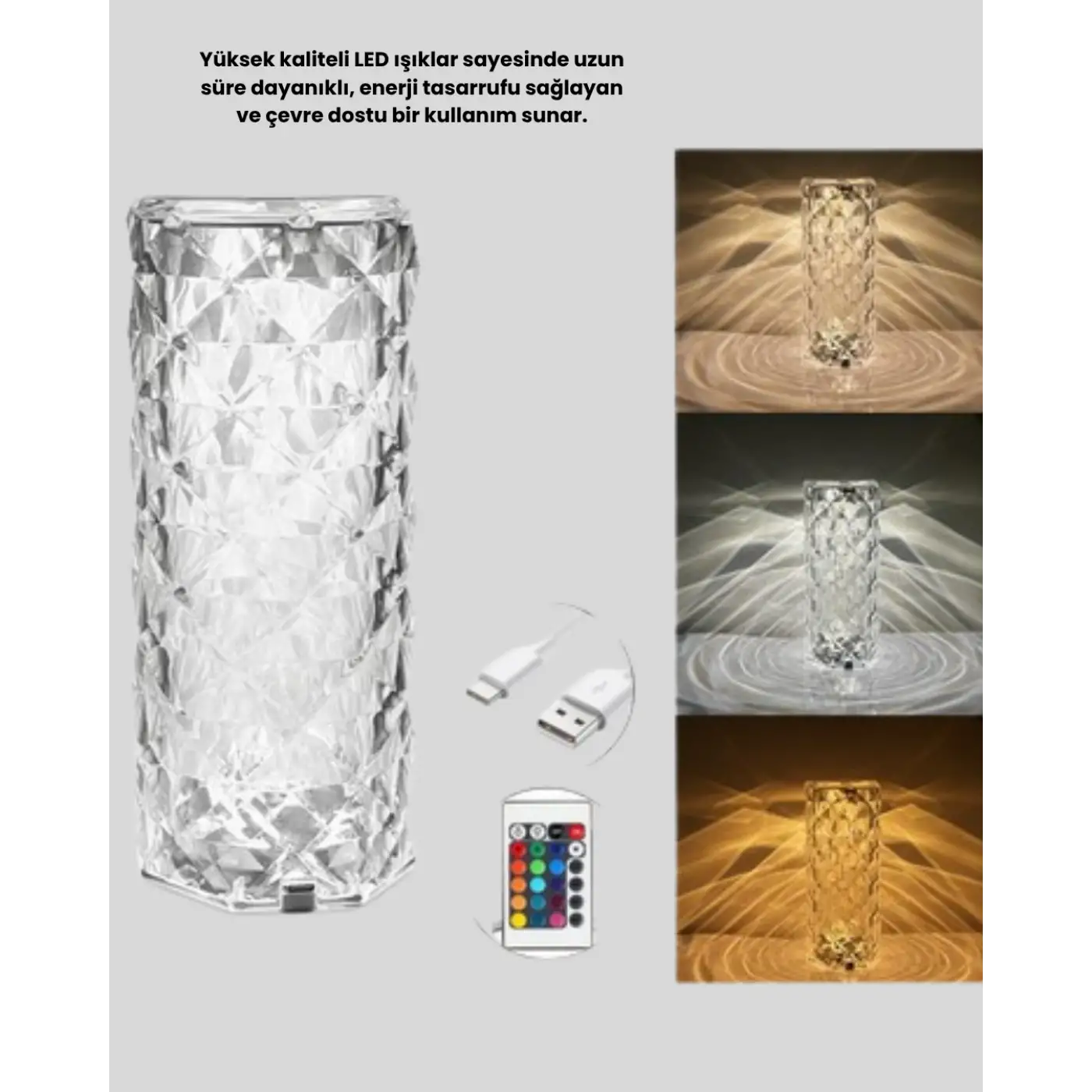 Kristal Tasarımlı RGB LED Gece Lambası – Kumandalı, Renk Değiştiren Dekoratif Işık