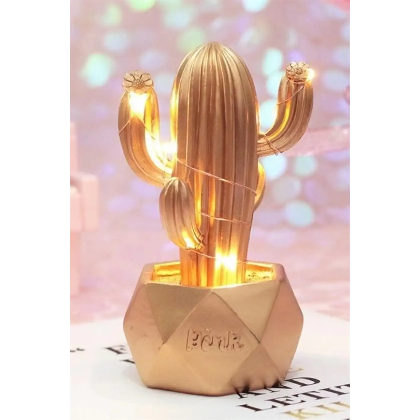 Led Işıklı Sevimli Kaktüs Dekoratif Masa Lambası Mini Biblo Gece Lambası-gold