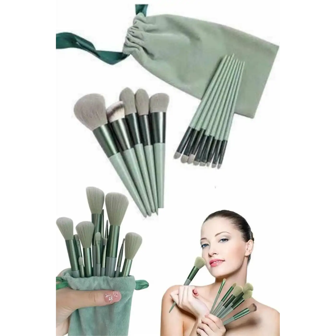Makyaj Fırça Seti Yeşil 13 Parça Fondöten Fırçası Allık Fırçası Far Fırçası
