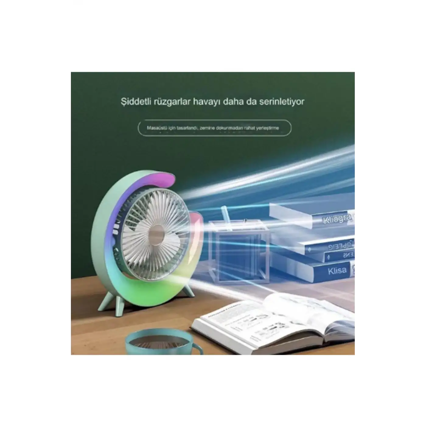 Masaüstü Vantilatör Usb Şarjlı Rgb Led Işıklı 3 Kademeli 180° Ayarlanabilir Soğutucu Fan Pembe