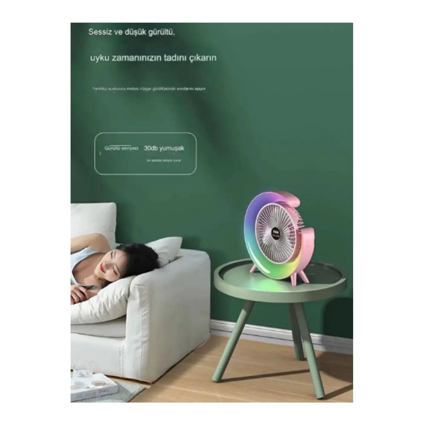 Masaüstü Vantilatör Usb Şarjlı Rgb Led Işıklı 3 Kademeli 180° Ayarlanabilir Soğutucu Fan Yeşil