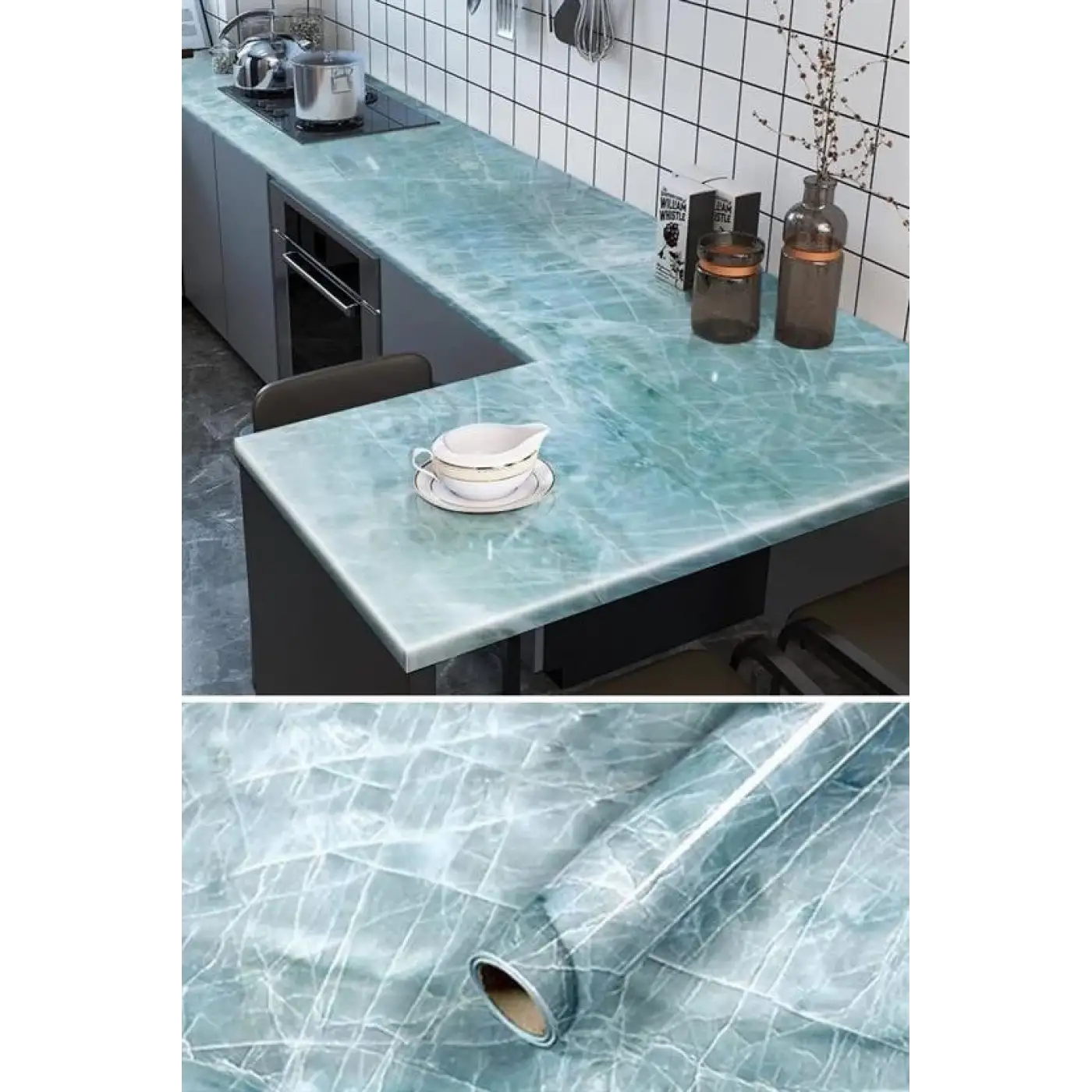 Mermer Desenli Masa Tezgah Mutfak Su Geçirmez Yapışkanlı Folyo Sticker Mavi 5x0,6m