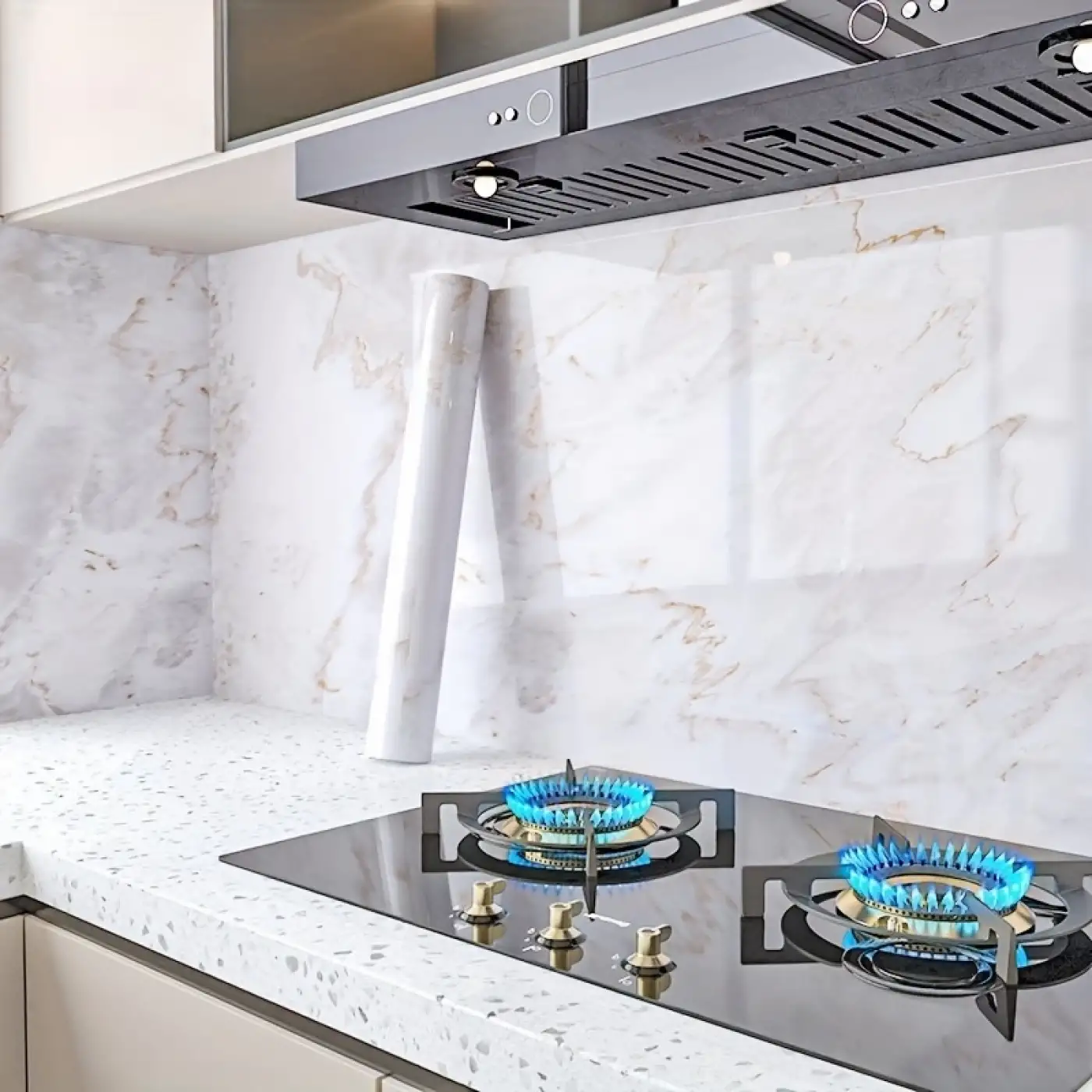 Mermer Desenli Mutfak Duvar Kağıdı Sticker - 5mx60cm Su Geçirmez, Yağa Dayanıklı, Yüksek Sıcaklığa Dayanıklı Tezgah, Dolap, Ocak Yenileme Folyosu T04