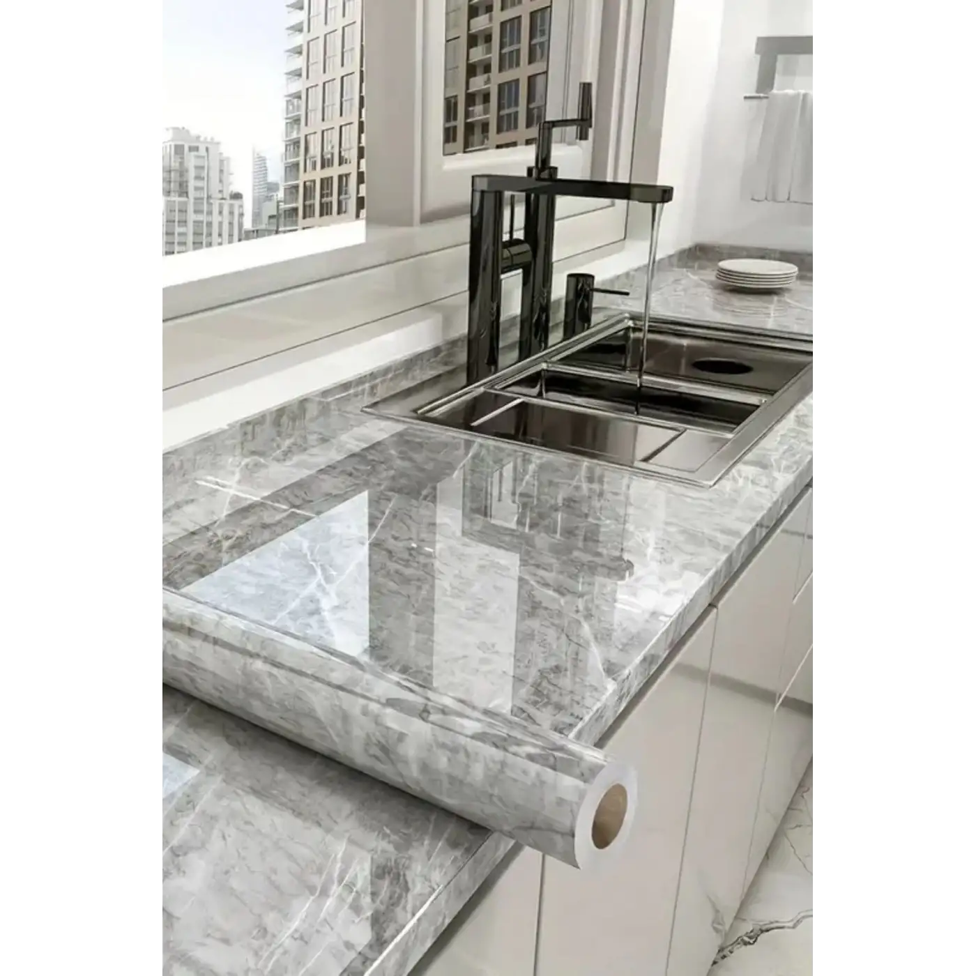 Mermer Desenli Sticker Folyo Atina Grisi 60cm*5mt T04