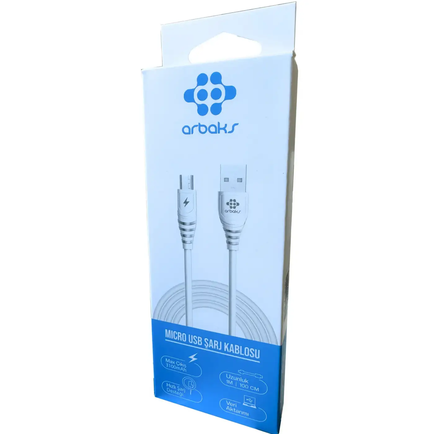 Micro 3100 Mah 1M Usb Şarj Kablosu Arbaks ARB100 (Beyaz)