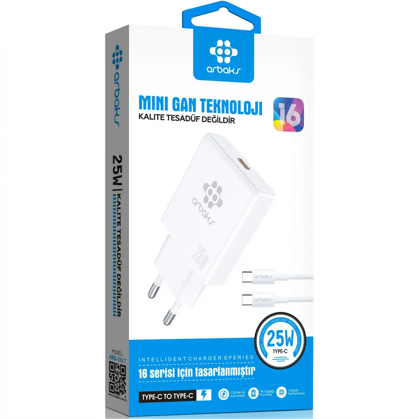 Mini GaN Teknoloji 25W Type-C to Type-C Hızlı Şarj Cihazı Arbaks ARB-015T
