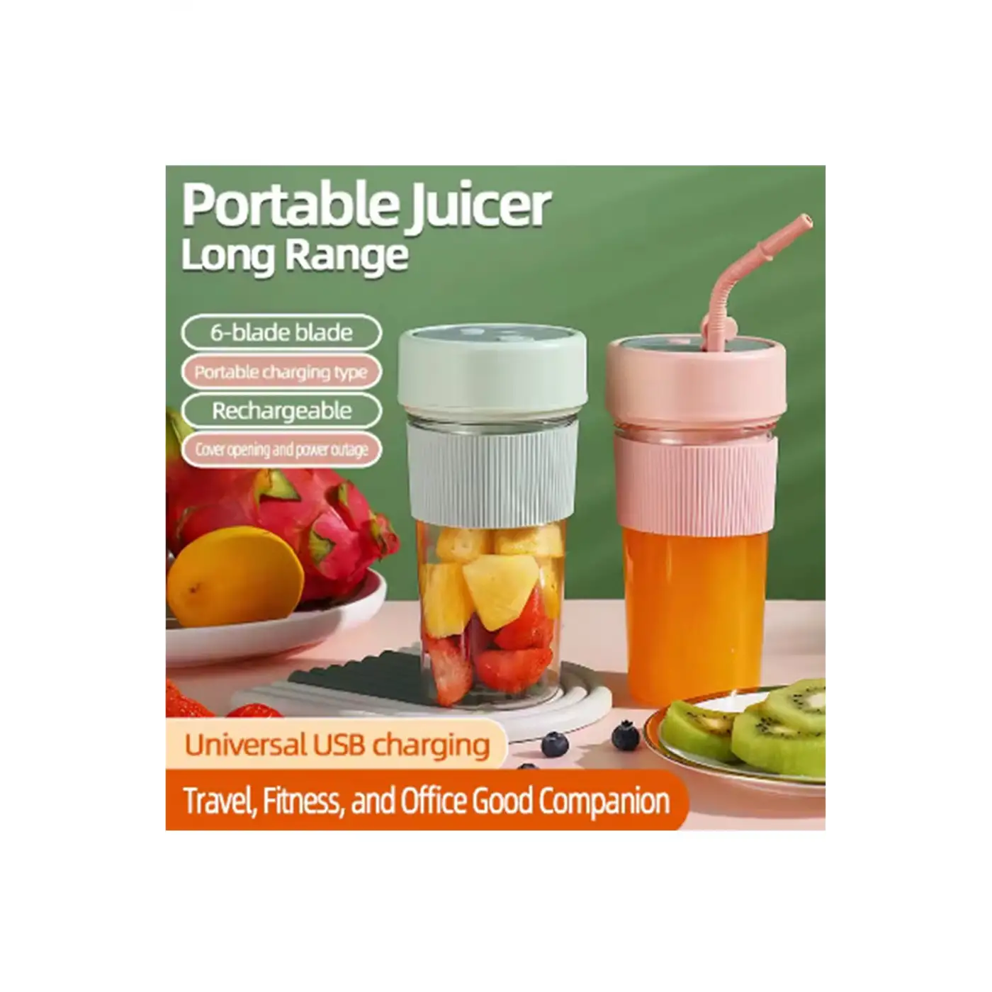 Mini Taşınabilir Mikser 350 Ml Smoothie Makinesi Meyve Sıkacağı Şarj Edilebilir Blender Yeşil