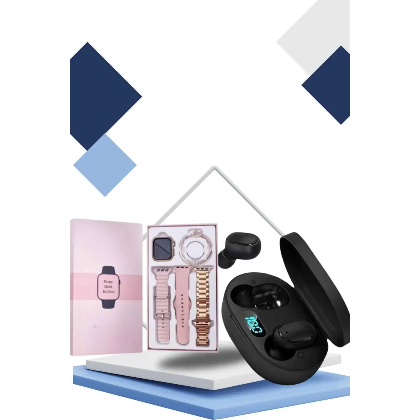 Nabız Ölçer Hediye Bileklikli Akıllı Saat ve Dijital Göstergeli Bluetooth Kulaklık Çoklu Şarj Girişi