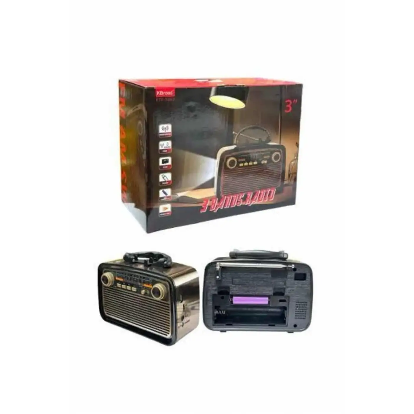 Nostalji Radyo Bluetooth Hoparlör USB-SD Kart Giriş Led Fener Işıklı Bataryalı Pilli