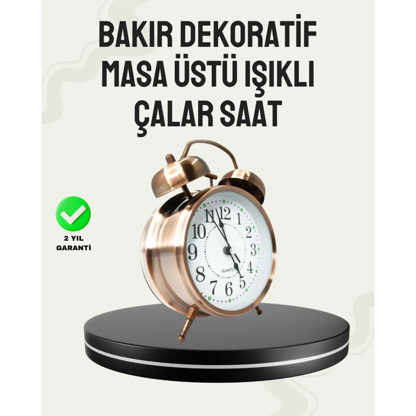 Nostaljik Büyük Boy Metal Masa Saati Bronz Kaplama ve Yüksek Sesli Alarm