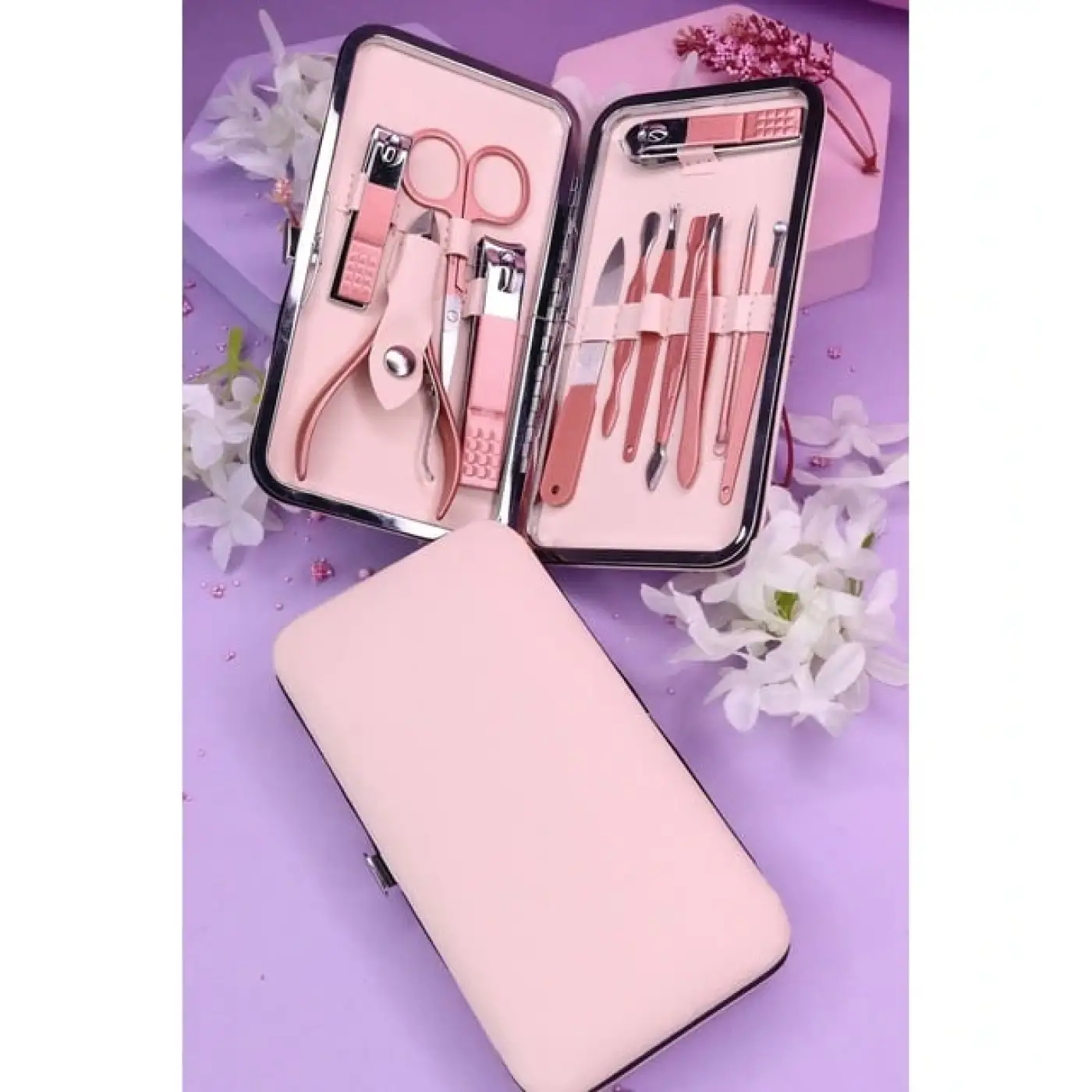 Profesyonel Çantalı Tırnak Bakım Manikür Seti Pembe Renk 12 Parça