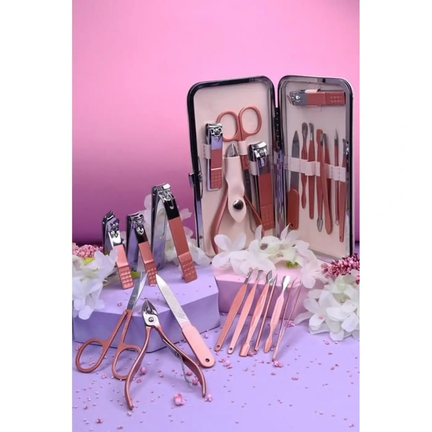 Profesyonel Çantalı Tırnak Bakım Manikür Seti Pembe Renk 12 Parça