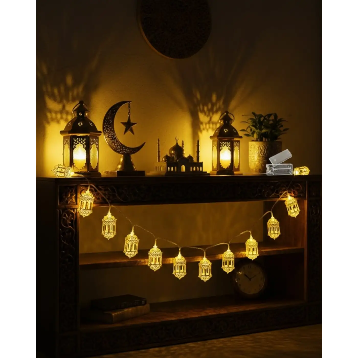 Pilli Altın Fenerli Ramazan Işıkları Dekoratif LED Zincir