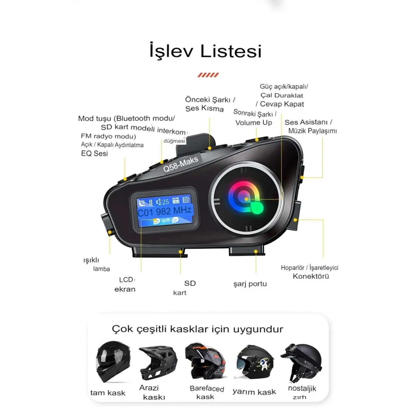 Q58-max Radyolu 2 Kişi Bağlantılı Bluetooth Kask Kulaklık Ekranlı Fenerli Müzik Ve Telsiz Intercom