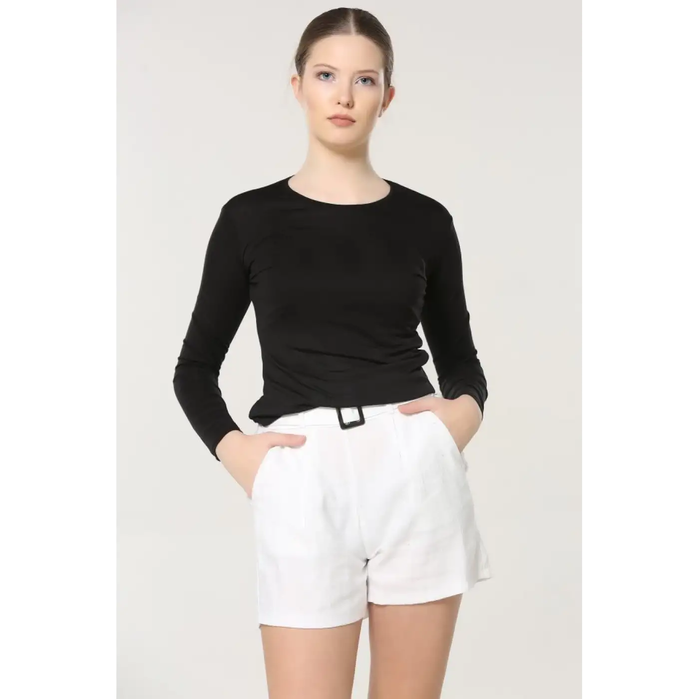 Rahat Ve Şık Uzun Kollu Bisiklet Yaka Likralı Viskon Penye Body Siyah