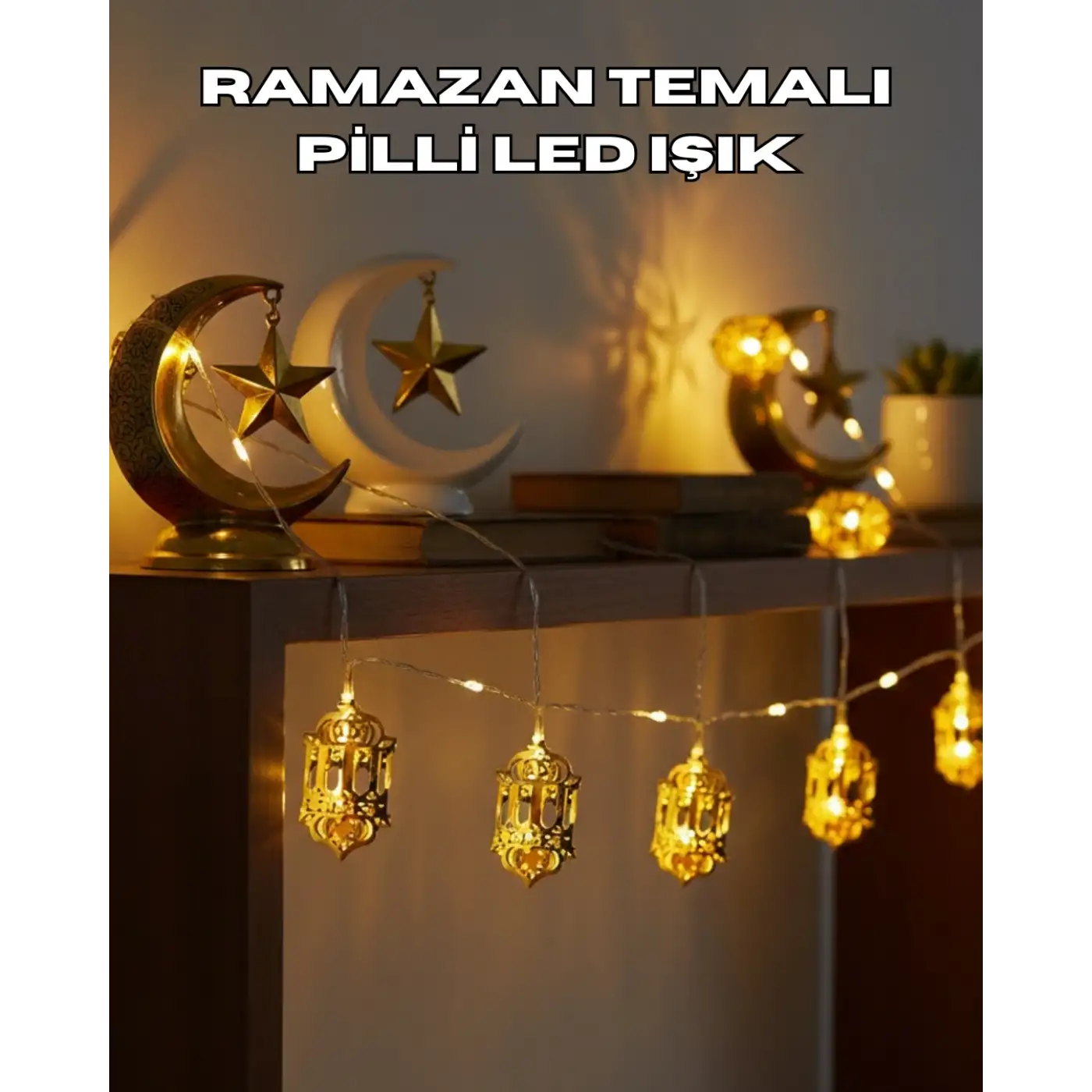 Ramazan Dekoru İçin Pilli LED Işık Altın Fener Tasarımlı