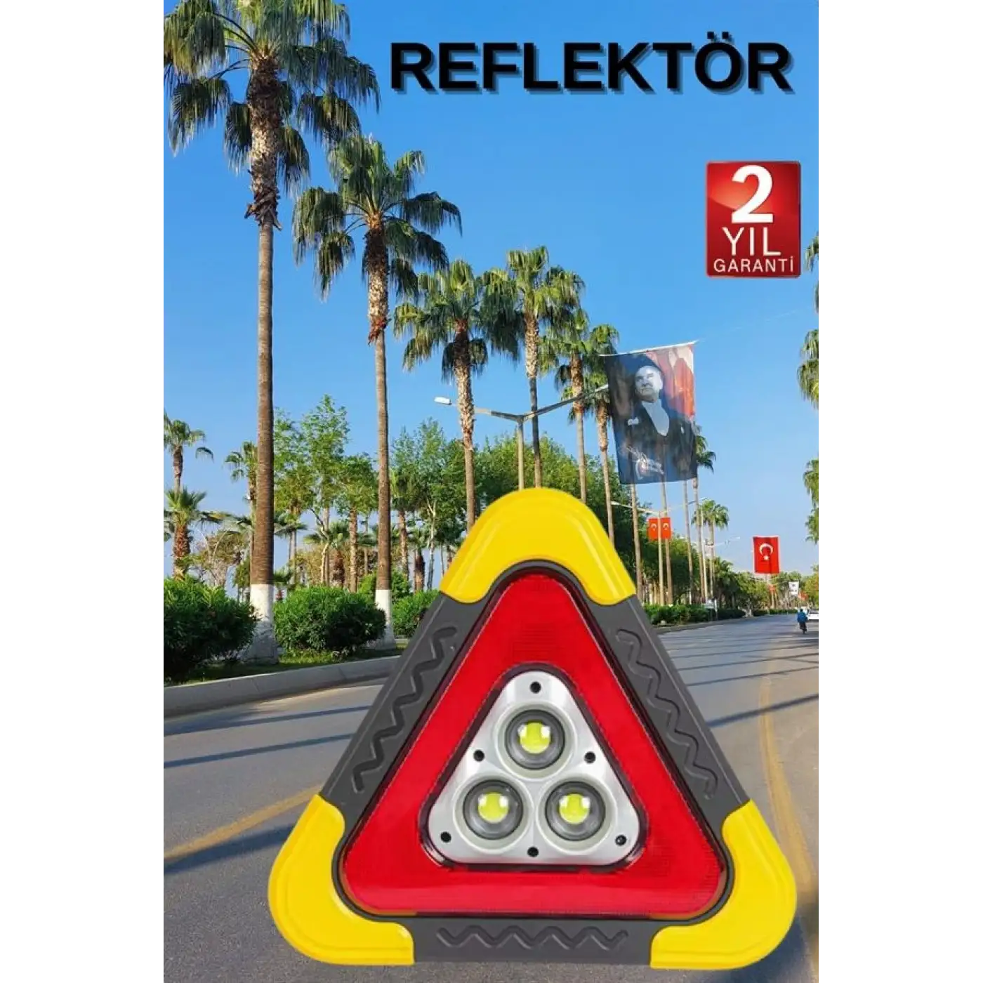 Reflektör Güneş Panelli Solarlı Şarjlı Üçgen Işıklı Trafik Reflektör Fener