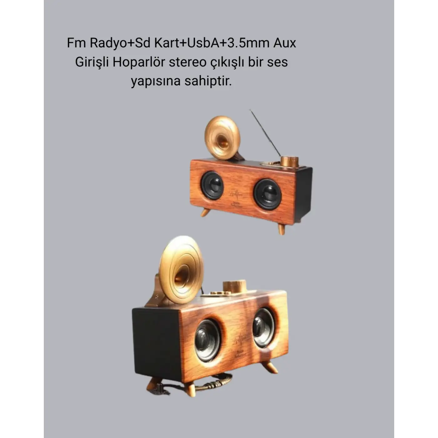 Retro Gramafon Bluetooth Hoparlör Çift Stereo Sesli FM Radyo Destekli