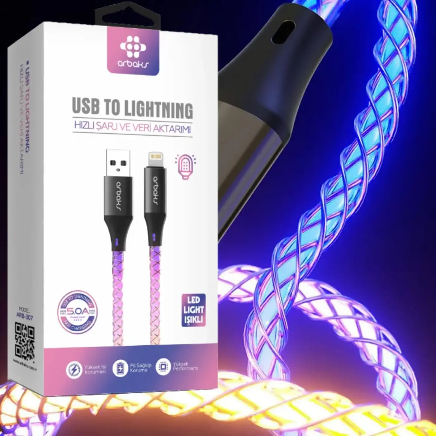 RGB Işıklı İphone 5A Şarj Kablosu Arb-307