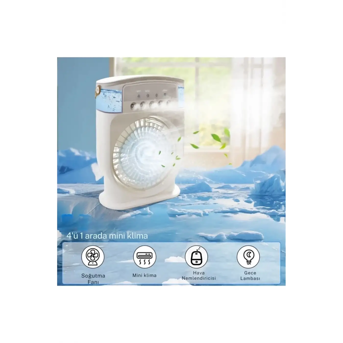 Şarjlı 600 Ml Su Hazneli Taşınabilir Masaüstü Vanilatör  Güçlü Fan Ve 2000 Mah Pil Beyaz