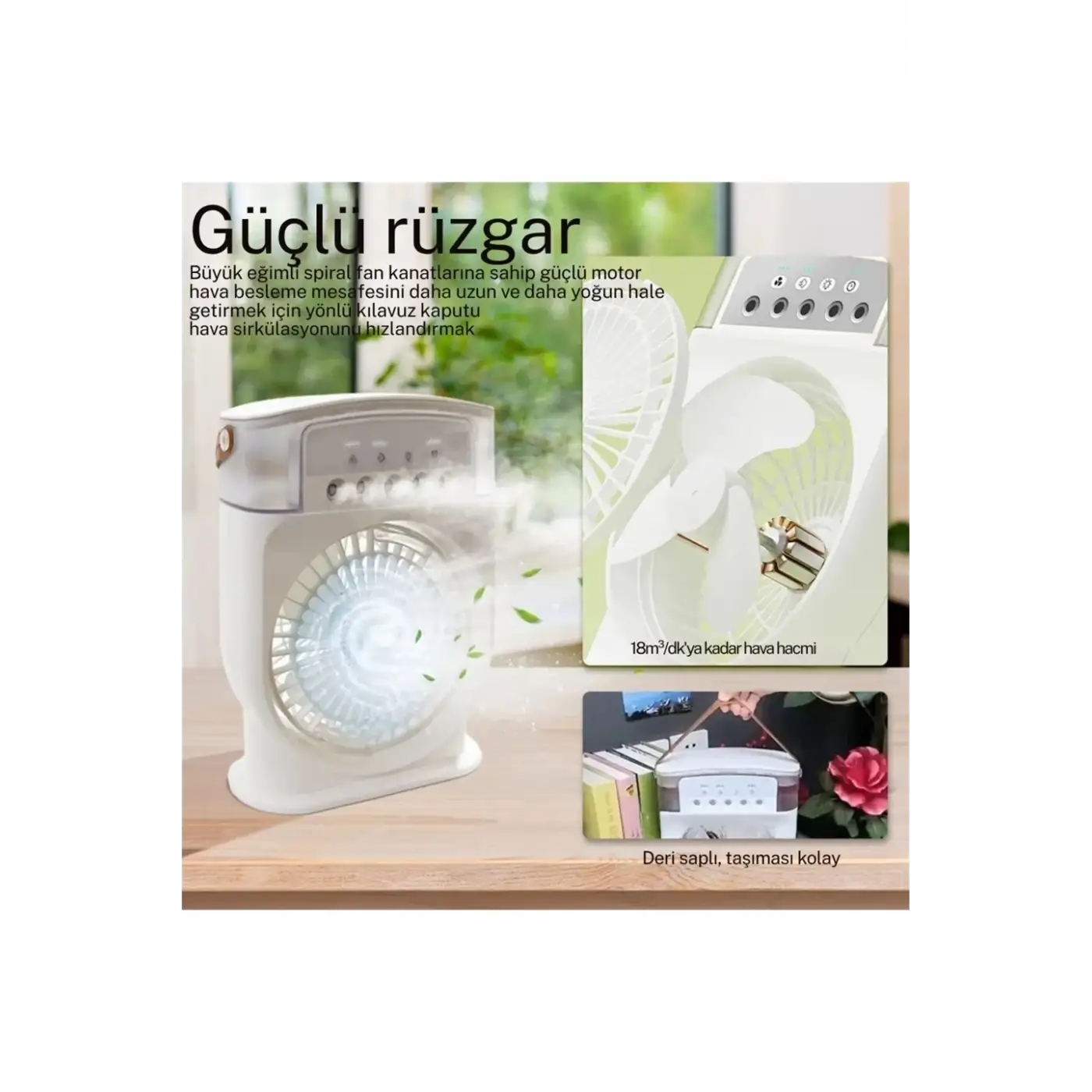 Şarjlı 600 Ml Su Hazneli Taşınabilir Masaüstü Vanilatör  Güçlü Fan Ve 2000 Mah Pil Beyaz