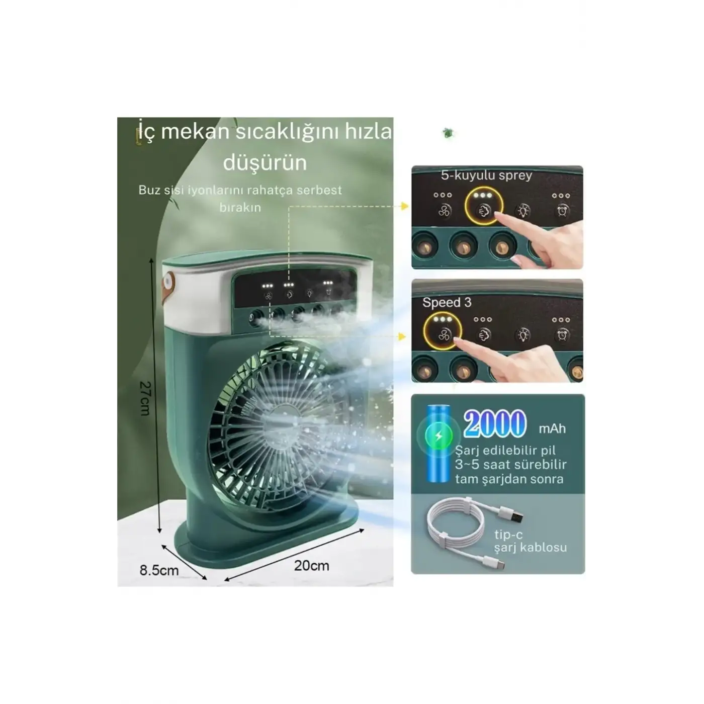 Şarjlı 600 Ml Su Hazneli Taşınabilir Masaüstü Vanilatör  Güçlü Fan Ve 2000 Mah Pil Yeşil