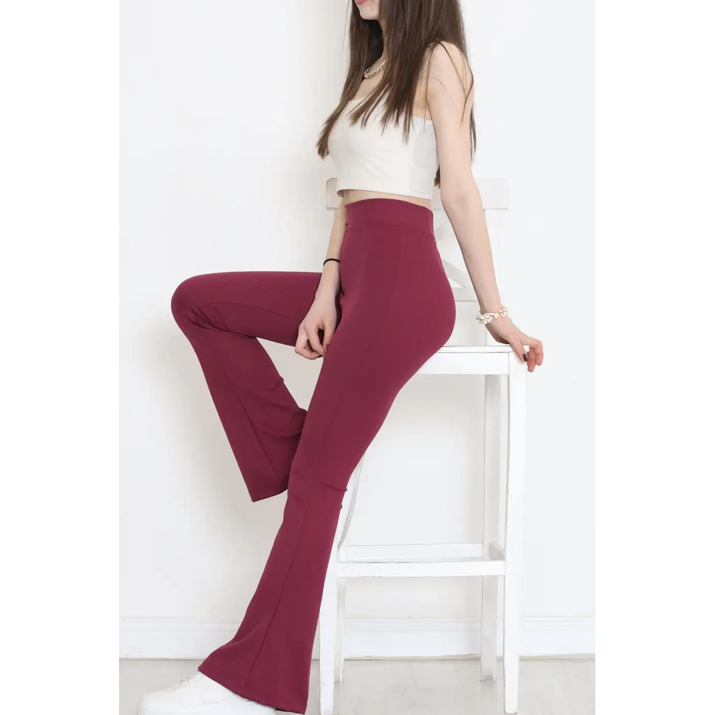 Şık Ve Rahat Yüksek Bel İspanyol Paça Fitilli Toparlayıcı Mürdüm Tayt