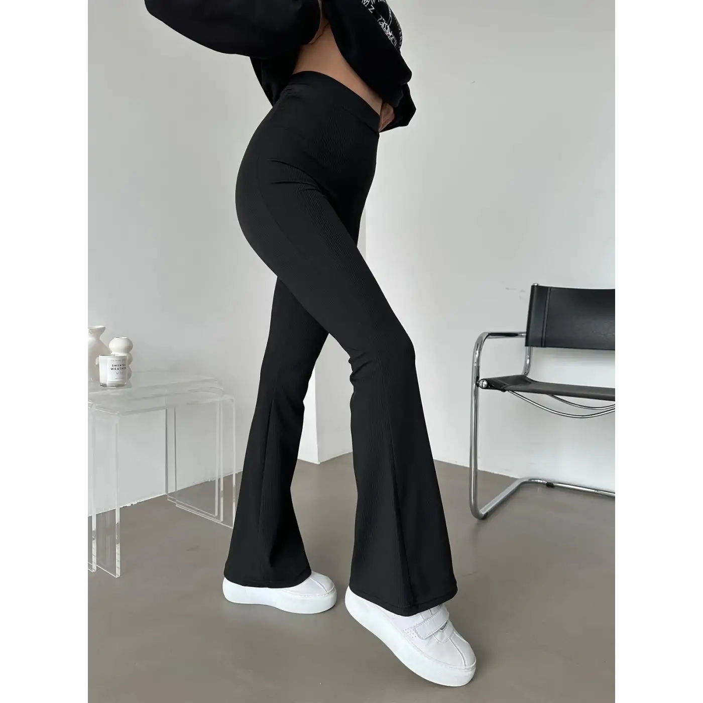 Şık Ve Rahat Yüksek Bel İspanyol Paça Fitilli Toparlayıcı Siyah Tayt