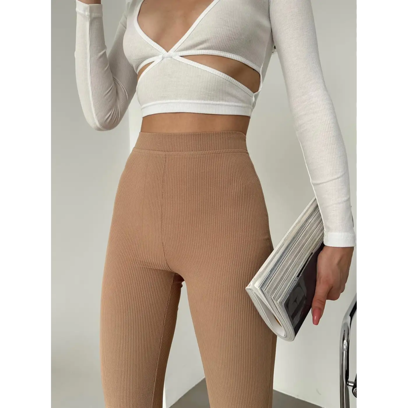 Şık Ve Rahat Yüksek Bel İspanyol Paça Fitilli Toparlayıcı Bej Tayt