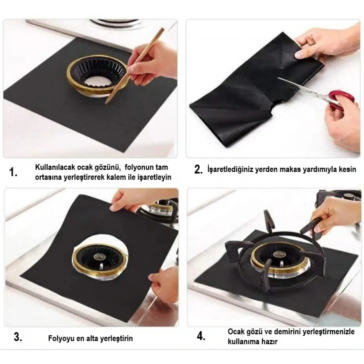 Siyah Renk Ocak Koruyucu Folyo Yanmaz Yapışmaz 4lü Set