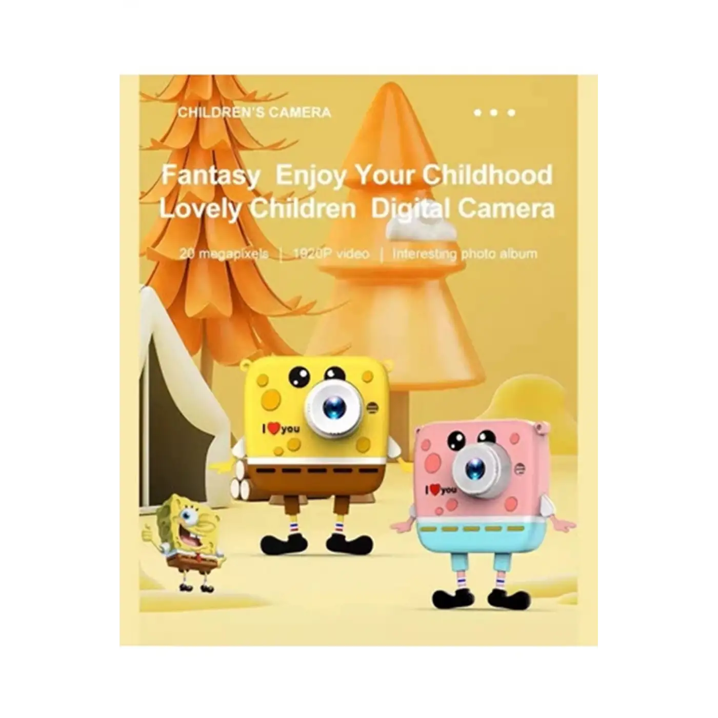 Sünger Bob Tasarımlı Yeni Nesil Çocuk Dijital Mini Fotoğraf Makinesi Çift Kamera