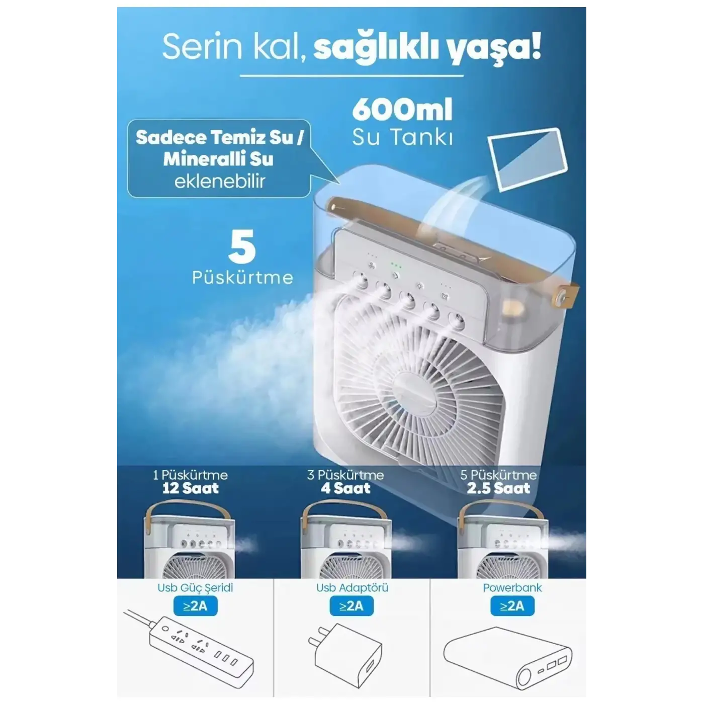 Taşınabilir Işıklı 5 Spreyli Vantilatör Buzlu Buharlı Vantilatör Mini Fan Nemlendirici