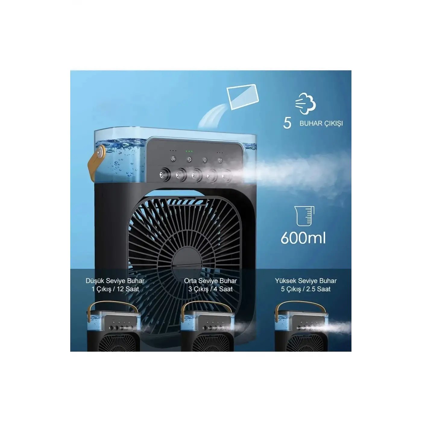 Taşınabilir Işıklı 5 Spreyli Vantilatör Buzlu Buharlı Vantilatör Mini Fan Nemlendirici