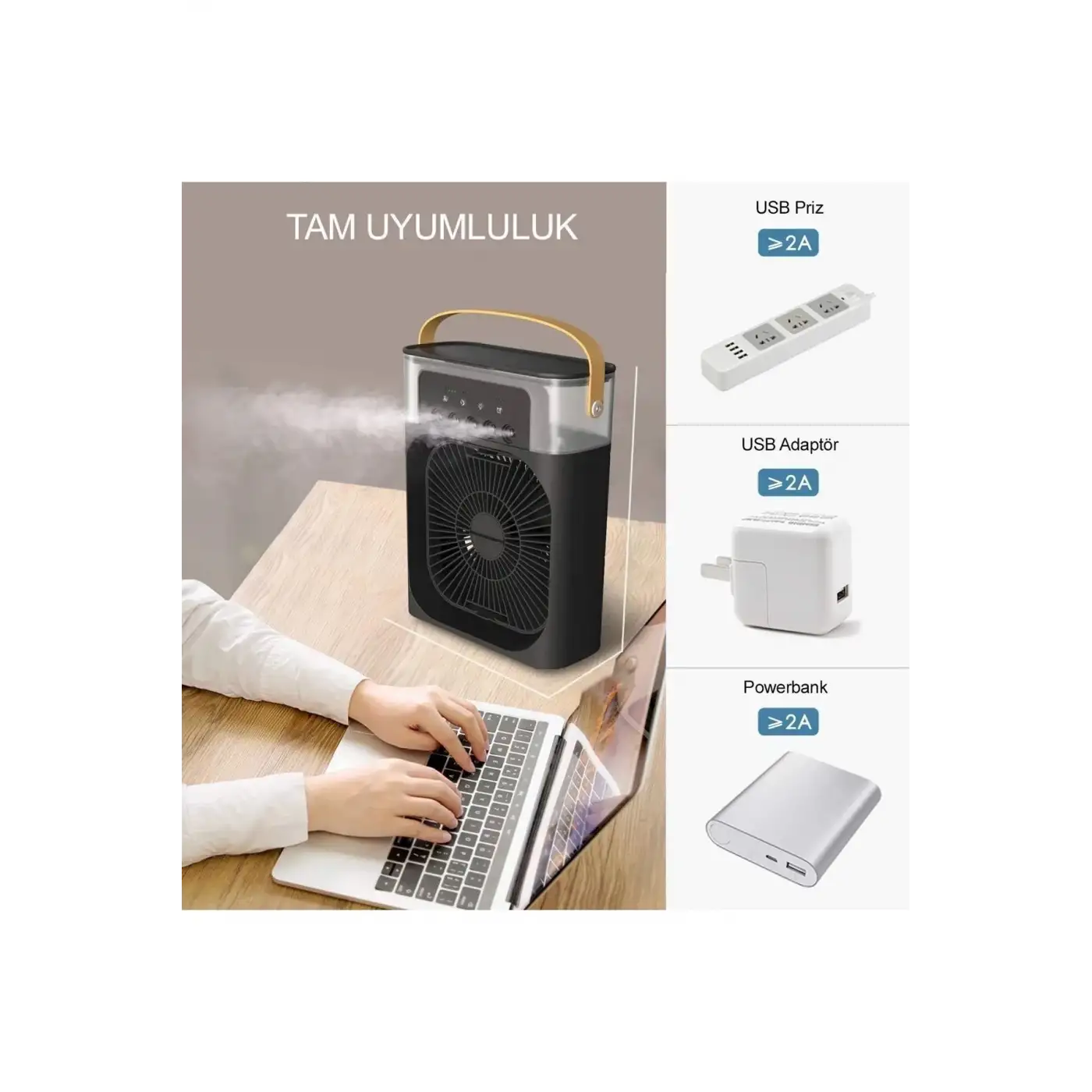 Taşınabilir Işıklı 5 Spreyli Vantilatör Buzlu Buharlı Vantilatör Mini Fan Nemlendirici