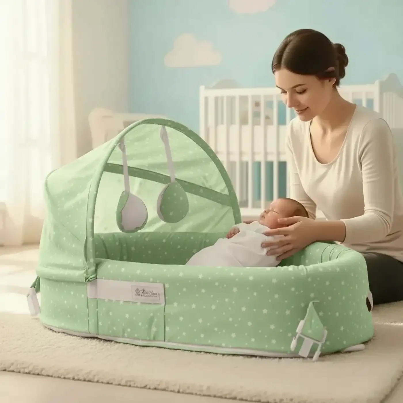 Taşınabilir Portatif Bebek Yatağı,Sırt Çantasına Dönüşebilen Portatif Bebek Beşiği (Yeşil)