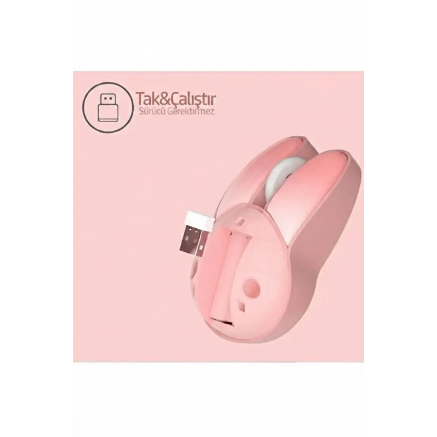 Tavşan Figürlü Kablosuz Mouse Pil Dahil Etiket Hediyeli Pembe