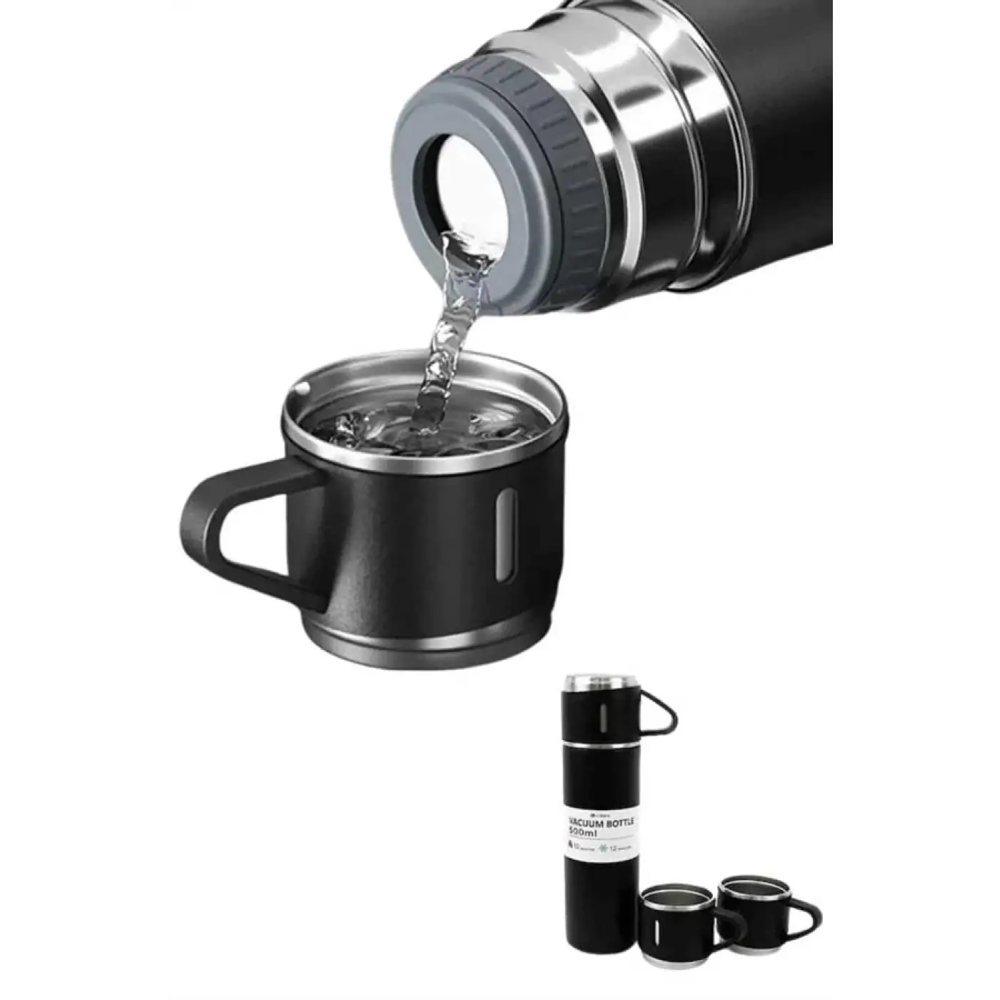 Termos Paslanmaz Çelik Termos Siyah Renk 3 Bardaklı Termos Seti