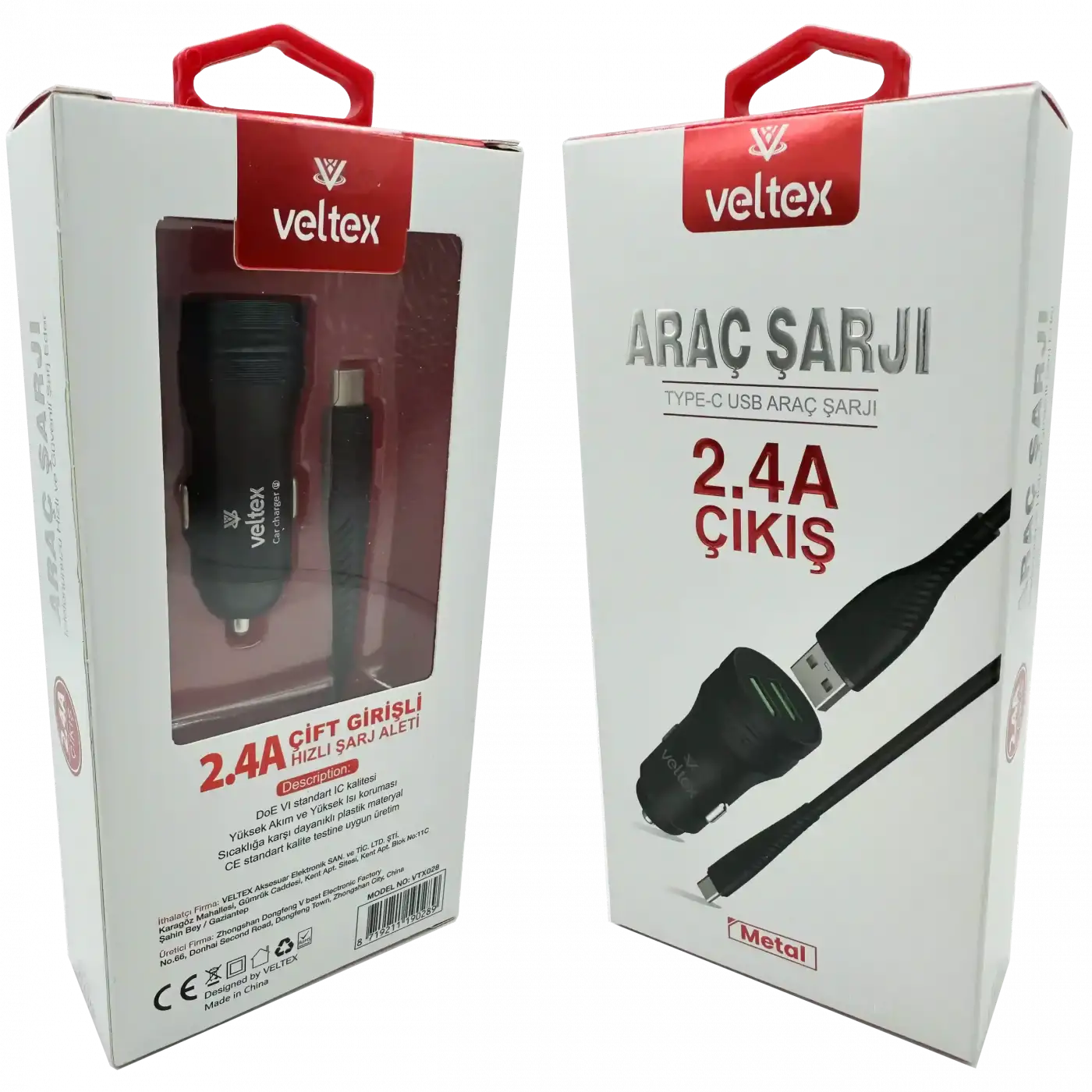 TYPE-C Metal Araç Şarj Seti + Kablo Veltex Vtx-028