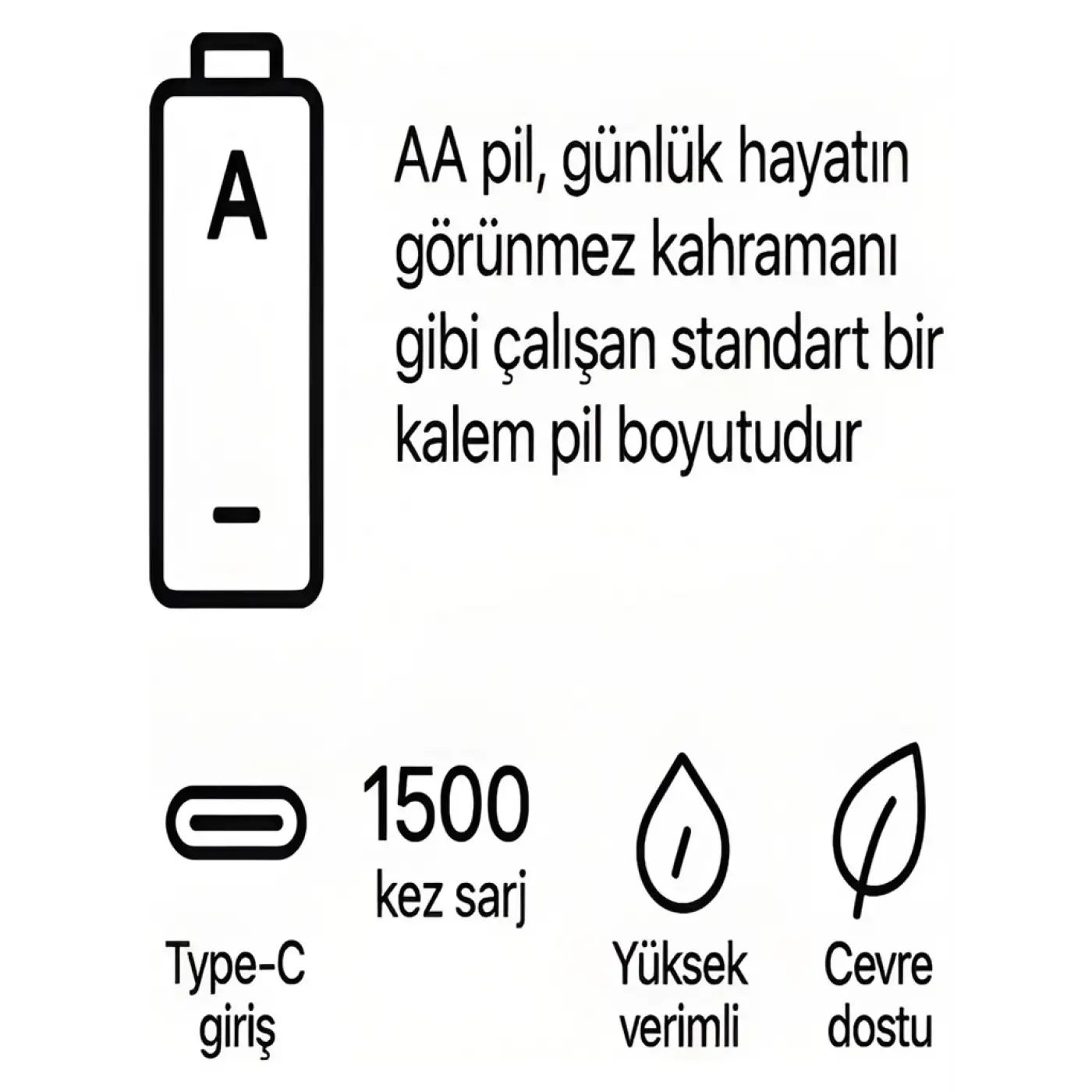 Type-c Şarjlı 2800mwh 1.5v Şarj Edilebilir 2’li Aa5 Kalın Pil - Lityum Iyon Batarya