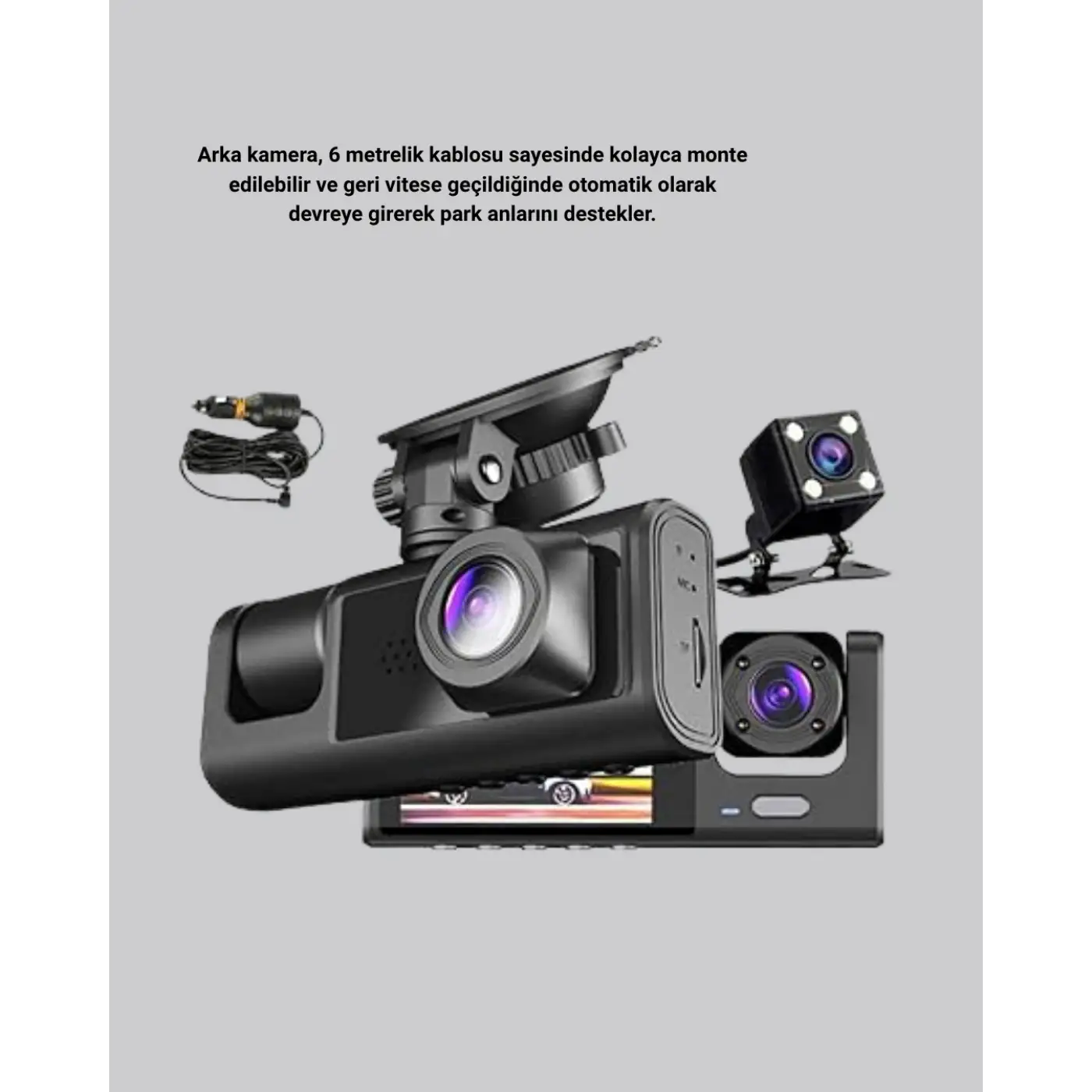 Üç Kameralı Araç DVR Full HD Gece Görüşlü ve 2 inç IPS Ekranlı