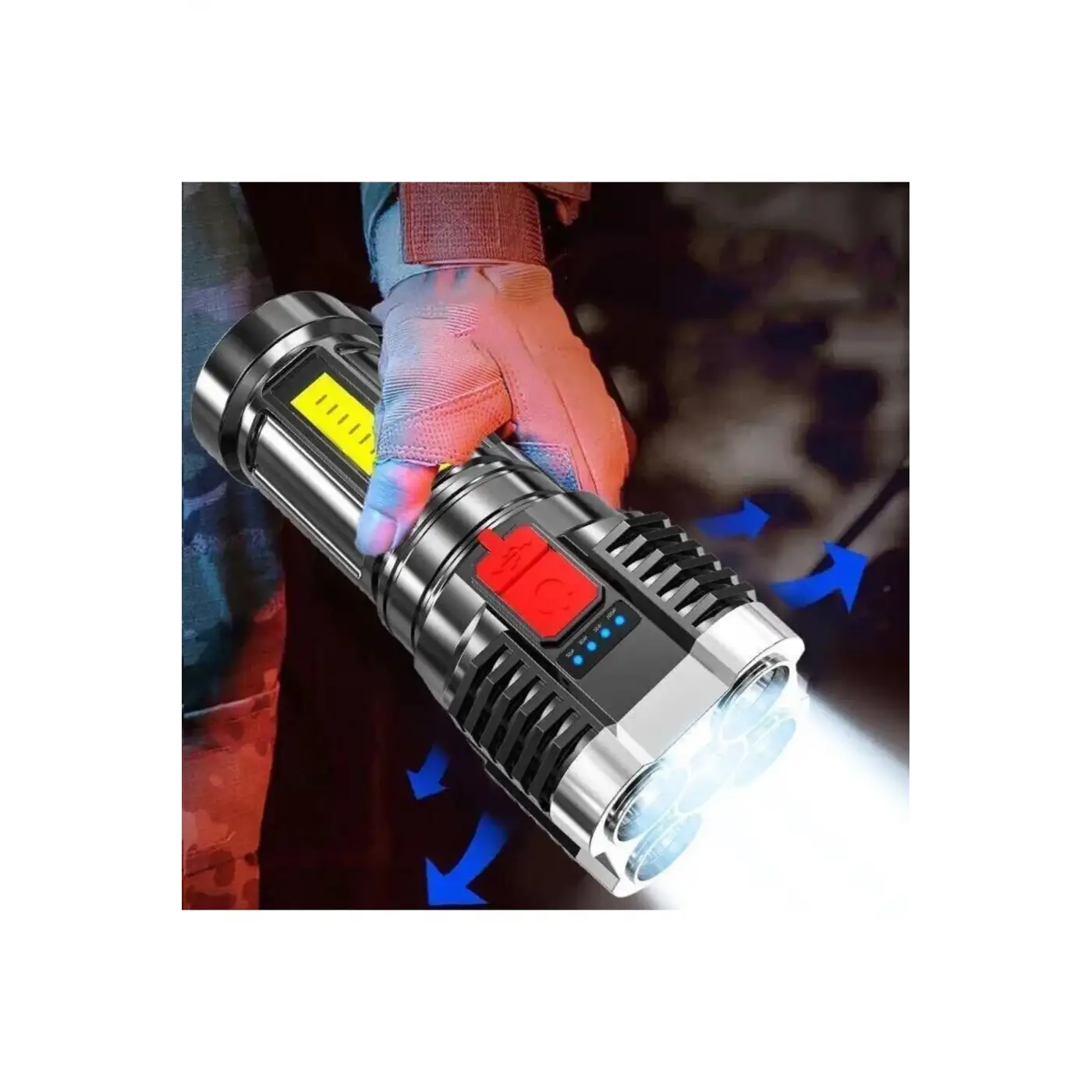 Ultra Parlak El Feneri Usb Şarj 4 Led+Yan Cob Led Taktik Günlük Hayat Kamp Avcılık El Feneri