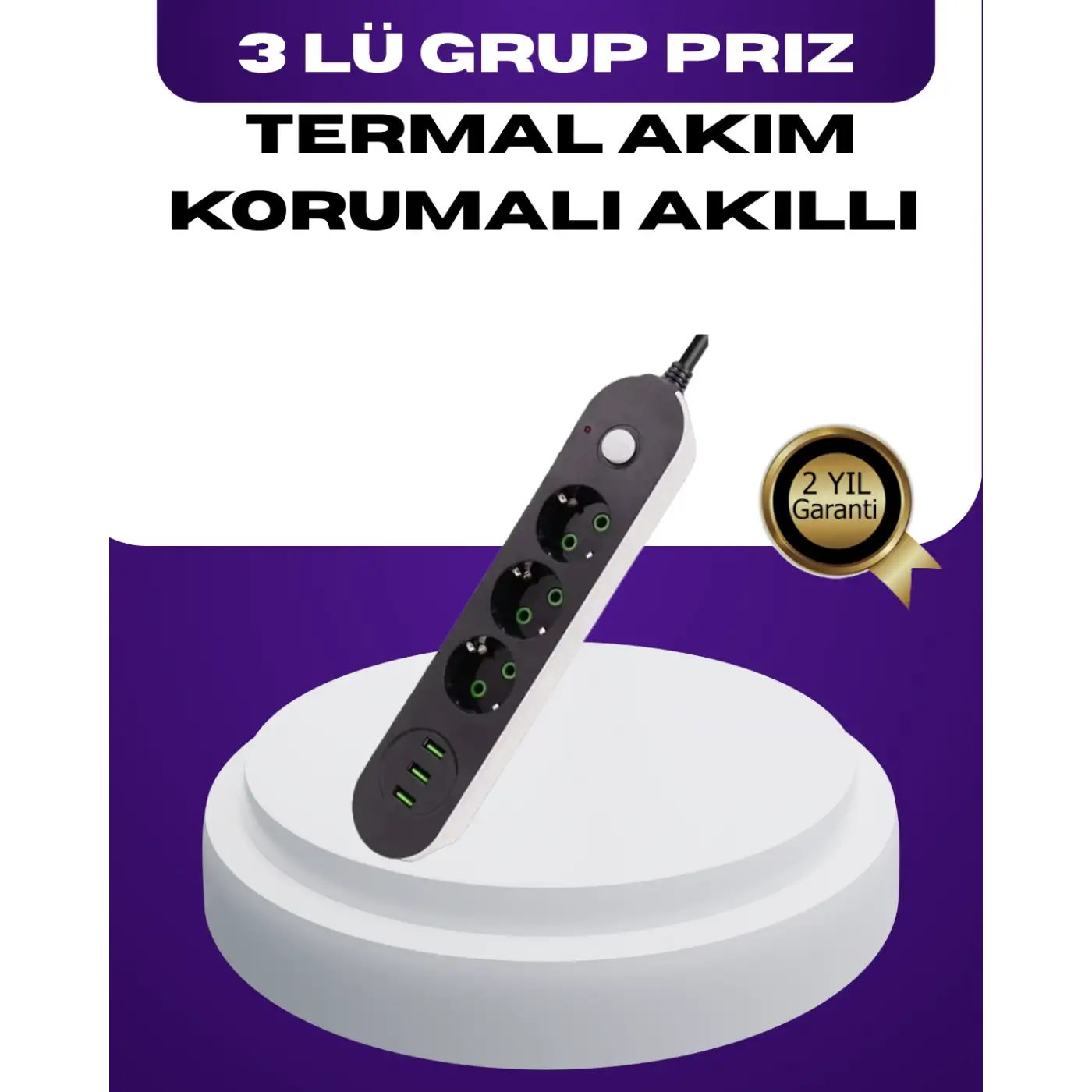 USB Yuvalı Anahtarlı Üçlü Priz 2 Metre Kablolu