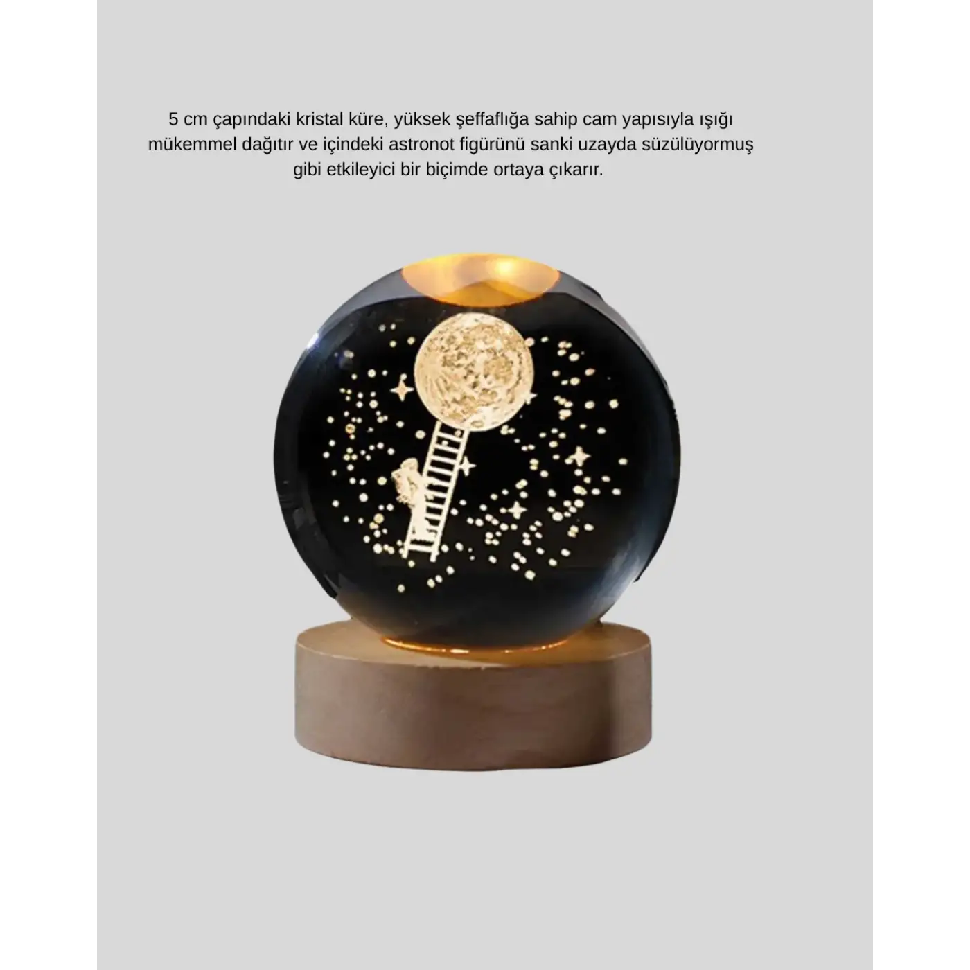 USB’li 3D Astronot Kristal Küre – Modern Uzay Temalı Gece Lambası